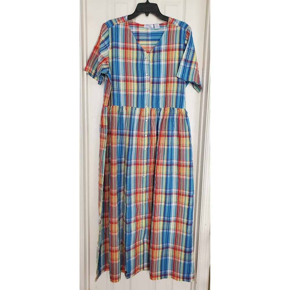 Dreams & Co. Nightgown Blue Plaid Cotton Snap Button Front Loungedress Muumuu M